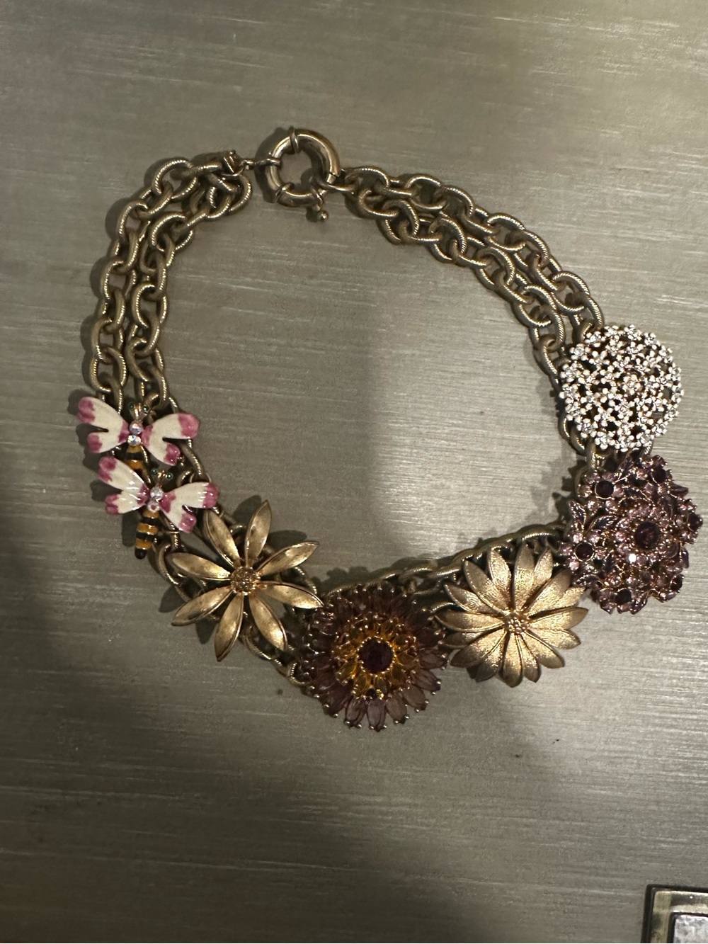 Gold Floral Statement Necklace with Pink Accents